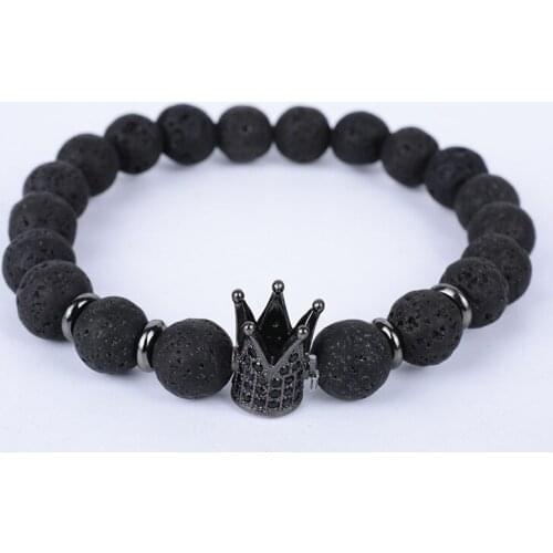 8mm Black Lava Natural Stone Blacelet Pave CZ Zircon Crown Charm Bracelet For Men Or Women Bracelet Trendy Jewelry Gift