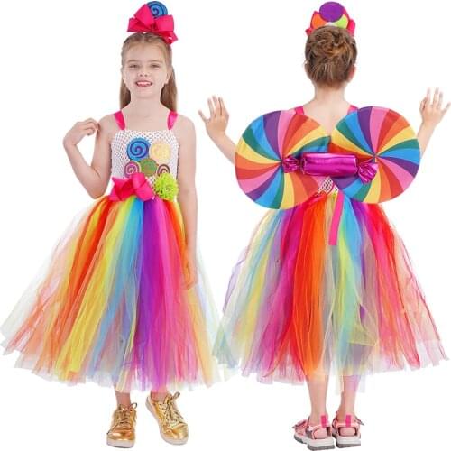 Girls Flower Candy Colorful Tutu Party Dress Baby Kids Crochet Tulle Strap Children Rainbow Dresses Clothing for 2-12 Year JYF