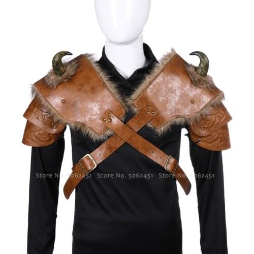 Halloween Carnival Warrior Knight PU Leather Armor for Man Medieval Viking Pirate Horn Fur Shoulderguards Cosplay Costume