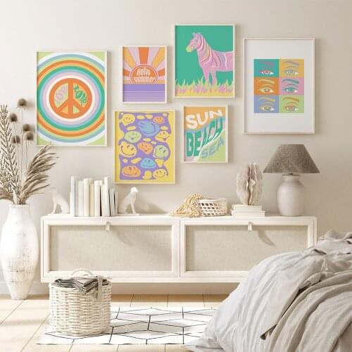 Colorful Abstract Poster Canvas Painting,Retro Wall Art Picture,Pastel Prints Kids Room,Classic Boho,Modern Home Decor