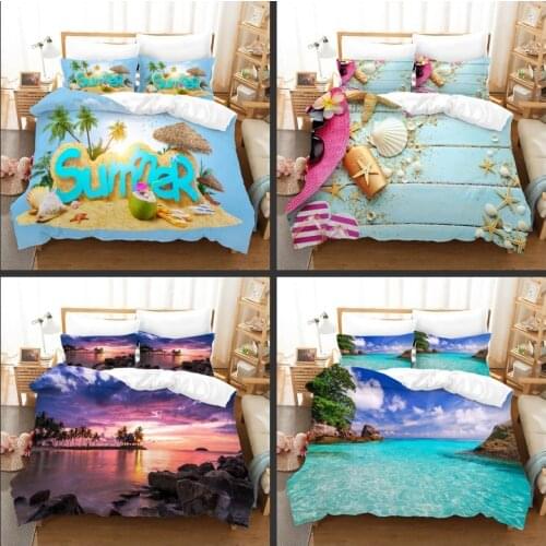 Summer 3D Printing Bedding Set Seaside Beach Pattern Duvet Cover Sets for Kids Adult Bedlines with Pillowcase Single Double Size