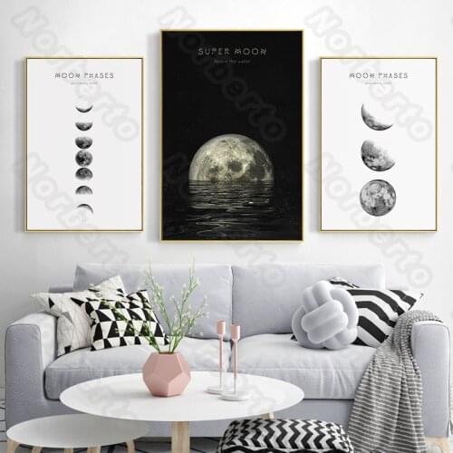 Space Scenery Canvas Painting Wall Poster Pictures On Super Moon and Different Moon Phases for Living Room Bedrooms Decoration