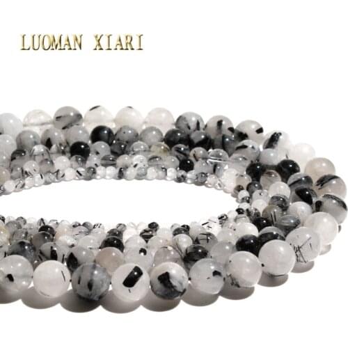 Wholesale Round Shape Black Rutilated Quartz Natural Stone Beads For Jewelry Making DIY Bracelet 4/ 6/8/10 /12 mm Strand 15