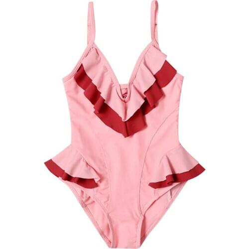 Summer Girls Fresh Contrast Color One-Piece Swimsuit Ruffles Bow Backless Suspender Triangle Swimsuit Children Bikini