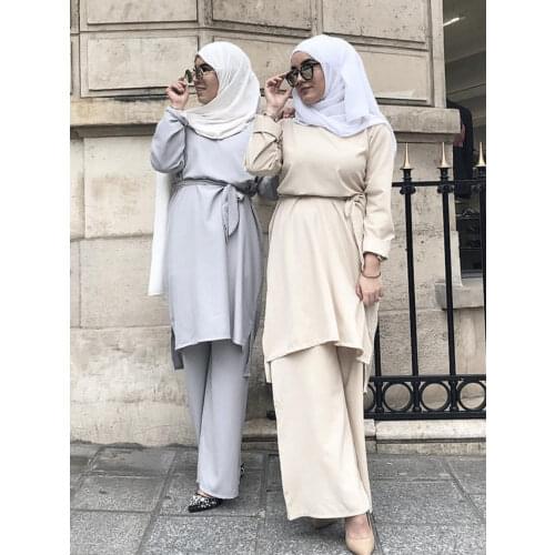 Muslim 2Pecs Sets Women Wide Leg Pants Dubai Arab Blouse Lace Up Abaya Ramadan Party Turkey African Eid Islamic Clothing Prayer