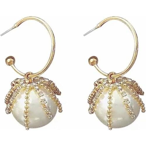 New Arrival Fashion Korean Crystal Rhinestone Tassel Pearl Earrings Gold Plated C Hoop Pearl Drop Earring For Girls