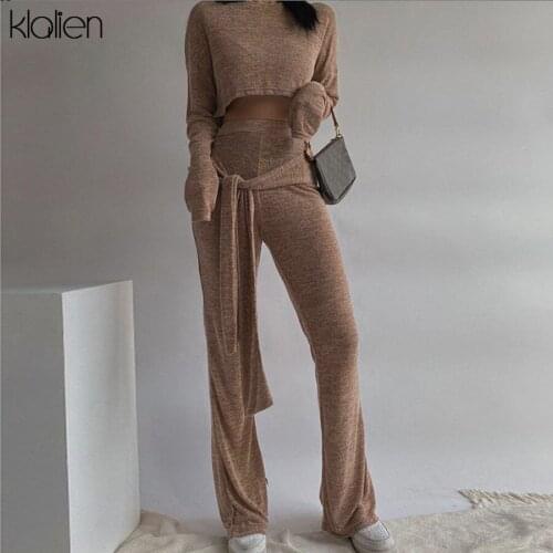 KLALIEN Autumn Long Sleeve Top and Trousers Two Piece Set Women High Street Casual Loose Soft Cotton Activewear Female Outfit