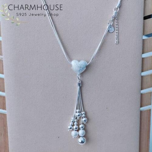 Sterling Silver Necklaces For Women Heart Beads Long Tassel Pendant Necklace Chain Collier Femme Fashion Jewelry Accessories