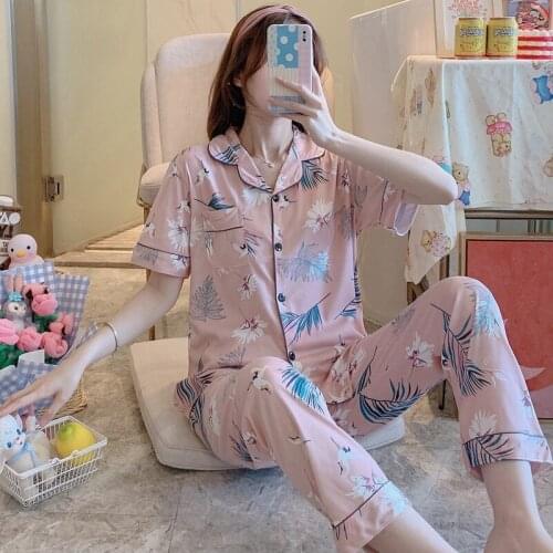 2021 Summer Short Sleeve Long Pants Pajama Sets for Women Korean Print Sleepwear Suit Pyjamas Homewear Pijama Mujer Home Clothes