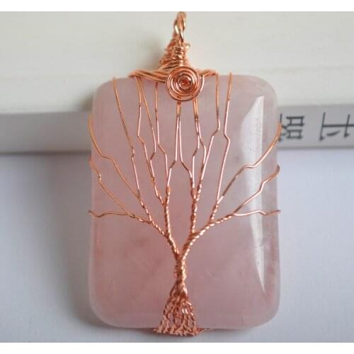 Natural Lucky Rose Crystal Handmade Wire Wrap Tree GEM Pendant Jewelry For Gift S646