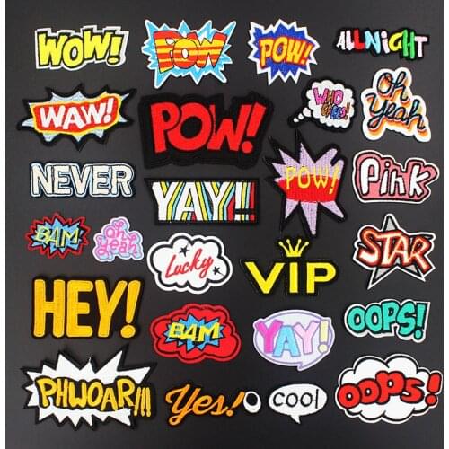 Popular WOW OOPS POW HEY Oh Yeah Transfer Iron on Patches for Clothing Embroidered Badge Sewing Applique DIY Stickers