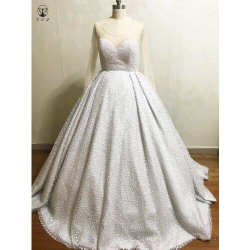 Luxury Robe De Mariee Illusion O Neck Beaded Heavily Long Sleeve Bling Bling Glitter Fabric Pleated Wedding Dresses