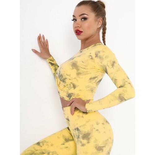 Tie Dye Yoga Shirts Long Sleeve Fitness Tops Exposed Navel Yoga T-shirts Nylon Gym Clothing Women Breathble Running Sportwear