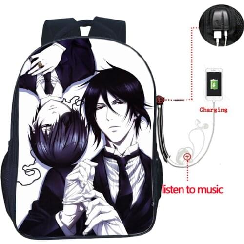 Anime Black Butler Usb Charging Backpack Sebastian Laptop Knapsack Beautiful Boys Girls Schoolbag Men Women Travel Shoulder Bags
