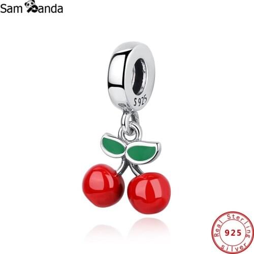 Original 100% 925 Sterling Silver Charm Bead Fit Bracelets Necklaces Cherry Pendant Charms Red Green Enamel Women DIY Jewelry