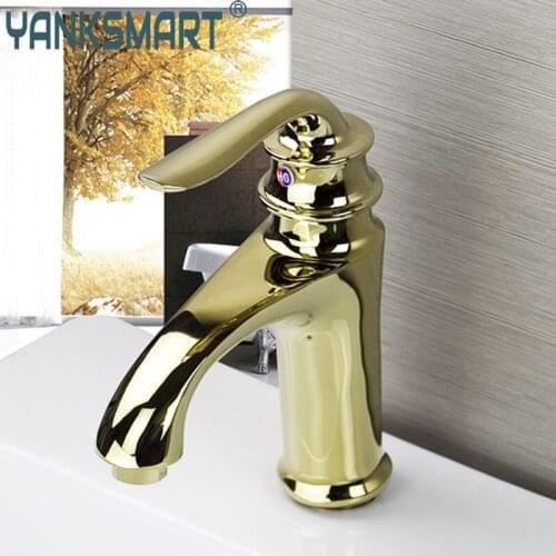 YANKSMART Bathroom Contemporary Golden Basin Sink Deck Mounted Single Hole Bathroom Kitchen Faucet Single Handle Faucet Set