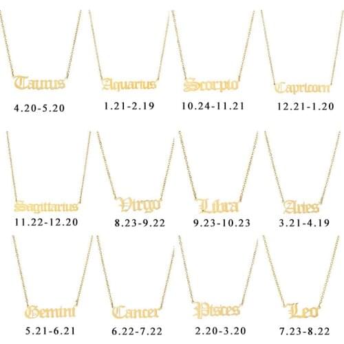 Old English Zodiac Sign Pendant Necklace Femme 12 Constellation Aries Charm Choker Necklace for Women Birthday Jewelry Gift
