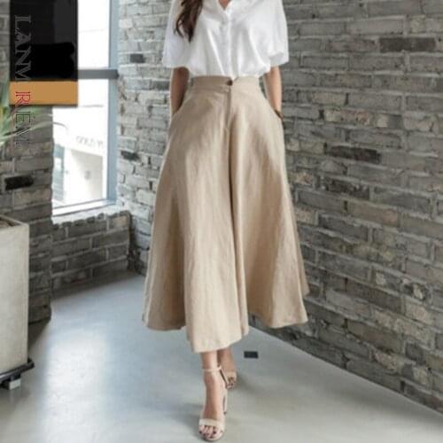 2021 Spring Linen Ankle-length Pants Beige All-match Streetwear Loose Japanese Style Wide Leg Pants For Women C865