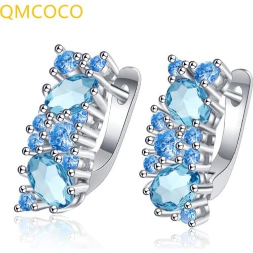 QMCOCO 925 Silver Stud Earrings For Women Summer Trendy Creative Classic Design Sparkling Blue Zircon Party Jewelry Gifts