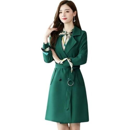 YAGENZ Plus Size Two Piece Set Women Double breasted Long Trench Coat Bow Dress Spring Autumn Clothes For Women 2 Piece Set 760