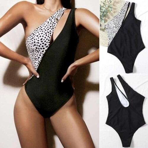 Womens Fashion Sexy Stitching Leopard Dot Print Bikini One-Piece Swimsuit Black