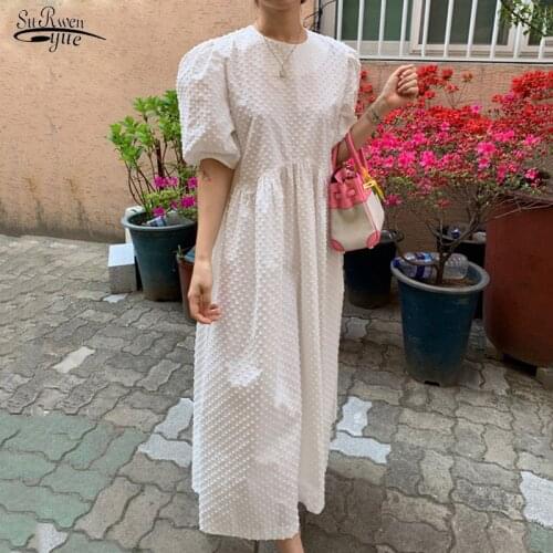 2021 Vintage Puff-Sleeve Loose Plus Size Dress Spring Summer Long Dress Women Elegant O-Neck Solid Party Dresses Vestidos 9941