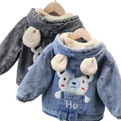 Winter Plus Cashmere Thicken Denim Jacket Boys Clothing Cartoon Bear Kids Tactical Warm Windbreaker Children Hoodies Jeans Coats