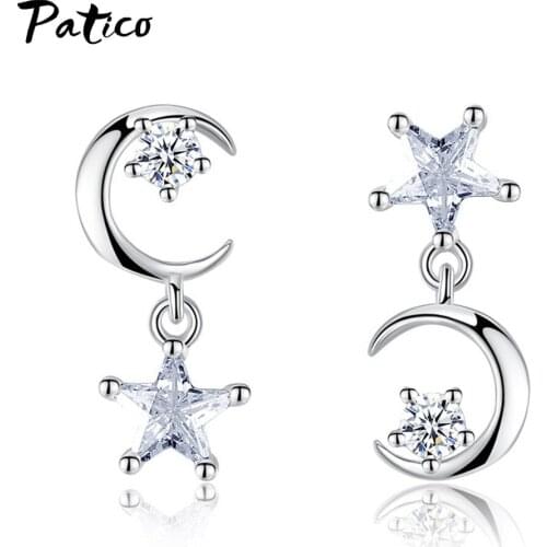 Star Moon Asymmetrical 925 Sterling Silver Drop Earrings Sets For Women Pendant Long Simulated Pearl Temperament Party Jewelry