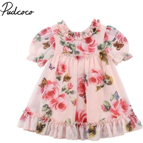 2018 Brand New Princess Party Toddler Baby Girls Dress Chiffon Floral Print Ruffles Knee-Length A-Line Dress Holiday Dress 6M-5Y