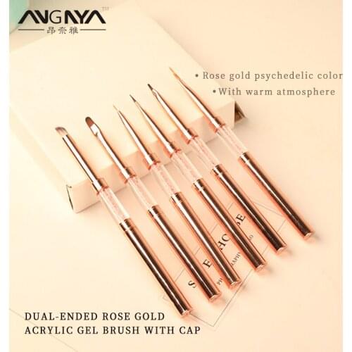 ANGNYA 1Pc Rose Gold Acrylic UV Gel Nail Brush Double Head Nail Extension Builder Powder Brush Lines Stripe Drawing Pen with Cap