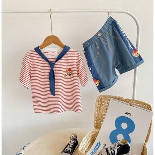 Childrens Cartoon Suit Baby Boys and Girls Navy Collar Striped Short-sleeved T-shirt + Shorts Skirt 2pcs Suit Baby Boys Clothes