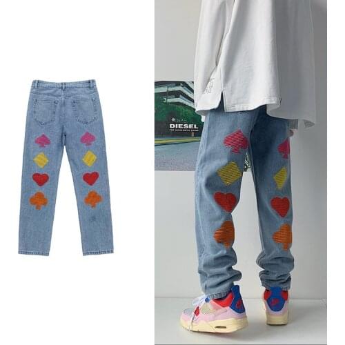 Men Poker Embroider Jeans Fashion Woman Casual Oversize Denim loose Pants Korean Hip-hop style Streetwear Male Jeans Men 4XL