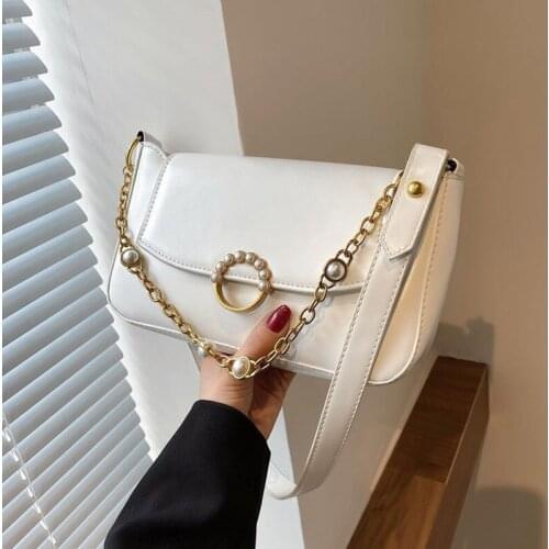 Elegant Female Square Armpit bag 2021 New High-quality PU Leather Womens Designer Handbag Pearl Chain Shoulder Messenger Bag