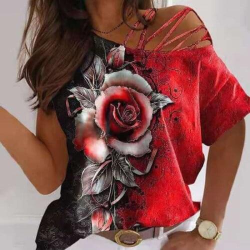 Graphic Tee Womens Rose Printed Strapless Short Sleeve T-shirt Loose Soft And Comfortable Top Summer