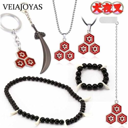 Hot Anime Inuyasha Pendant Necklace Toy Keychain Wolf Tooth Necklace Car Charm Keyring Sesshomaru Cosplay Jewelry Mini Prop Set