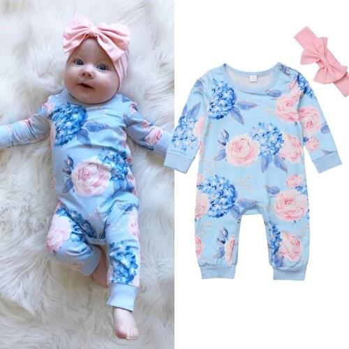 Pudcoco 2PCS Newborn Baby Girl Boy Clothes Floral Long Sleeve Cotton Romper Jumpsuit Playsuit Headband Cute Kids Outfits Costume