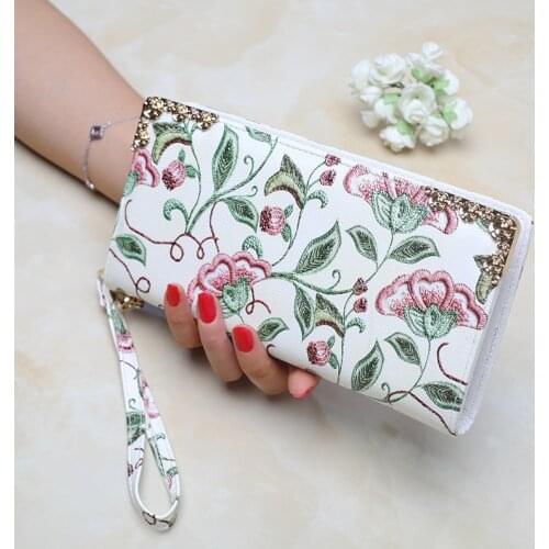 Women Long Wallet PU Leather Zipper Coin Purse Fashion Embroidered Phone Pocket Card Holder Credit Multifunction Lady Money Bag