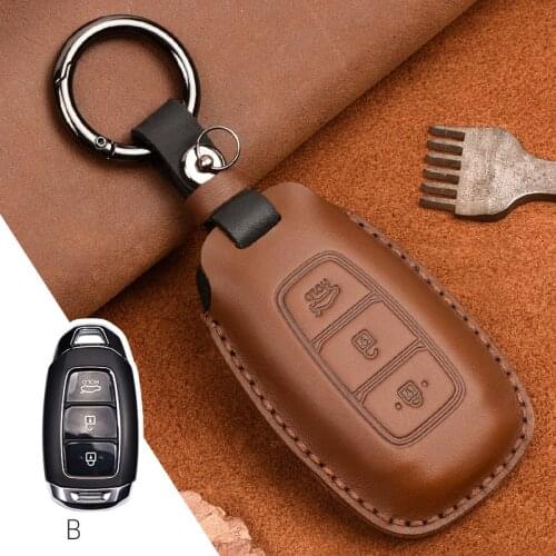 Leather Car Key Fob Case Cover For Hyundai Santa Fe/Veloster Palisade Accent Kona Electric Nexo Keychain Holder Accessories