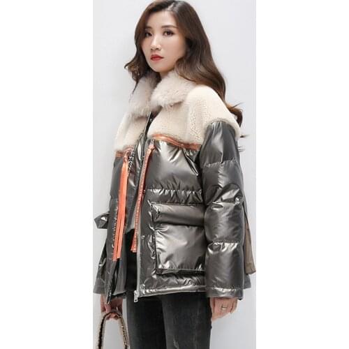 New Womens Short Shiny Down Jacket Winter Coat Lamb Wool Stitch Fur collar Parka Outerwear Casual Warm White Duck Down Overcoat