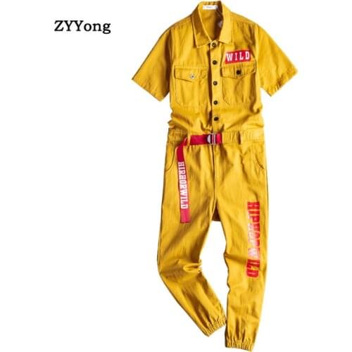 Summer Mens short Sleeve Jumpsuit Letter Print Multi Pocket Hip Hop Streetwear Cargo Pants Yellow Red Loose Overalls Trousers