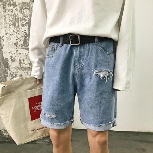 Summer Mens Denim Shorts Version Of The Ins Trend Hole Straight Five-Point Pants Wind Wide-Leg All-match Casual Short Jeans