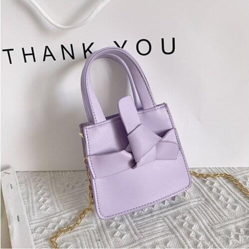 PU Leather Toddler Kids Girls Mini Tote Crossbody Bag Solid Color Bowknot Purse Crossbody Bag with Metal Chain Handbag