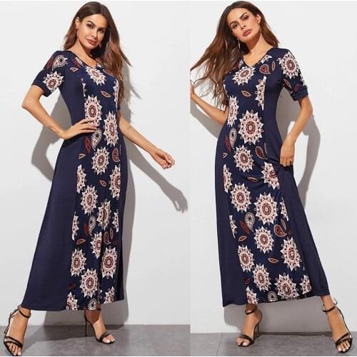 Muslim Women Casual Printed Long Dress Slim V-neck Summer Bohemian Fashion Abaya Kaftan Jilbab Islamic Clothing Turkish Elbise