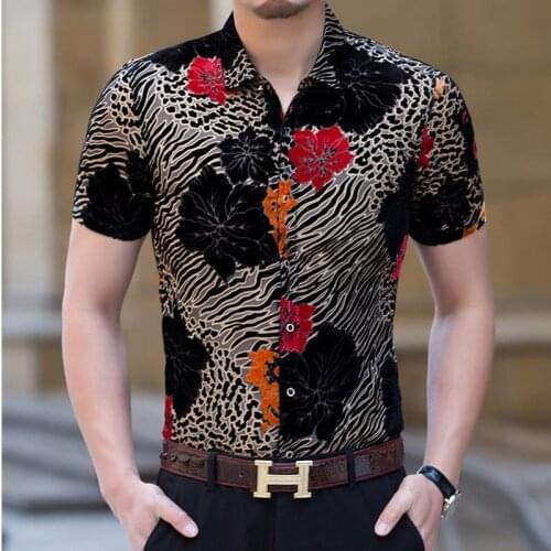Mens Casual Fashion leopard Flower Pattern Silk Velour Shirt Men Summer Short Sleeve Thin Cool Business Dress shirts