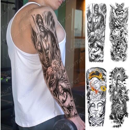 False Hand Shoulder Tattoo Sleeve Body Transfer Tattoos Buddhist Samurai Skull Flower Temporary Waterproof Arm Tatto Sleeve Men