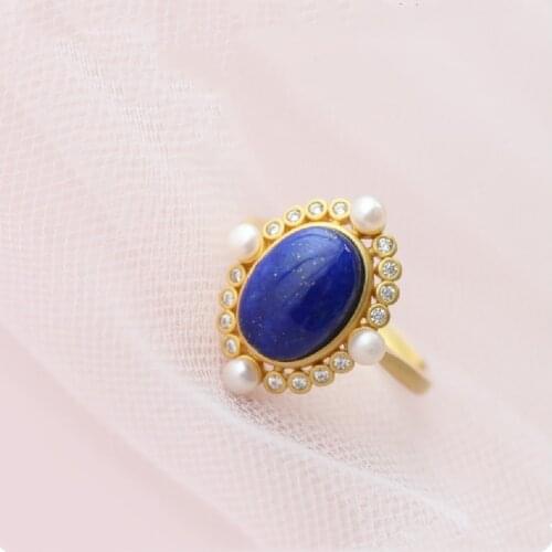 New Natural Lapis Lazuli Inlaid 925 Sterling Silver Gold-Plated AAA Zircon Natural Pearl Rings Ms. Ring