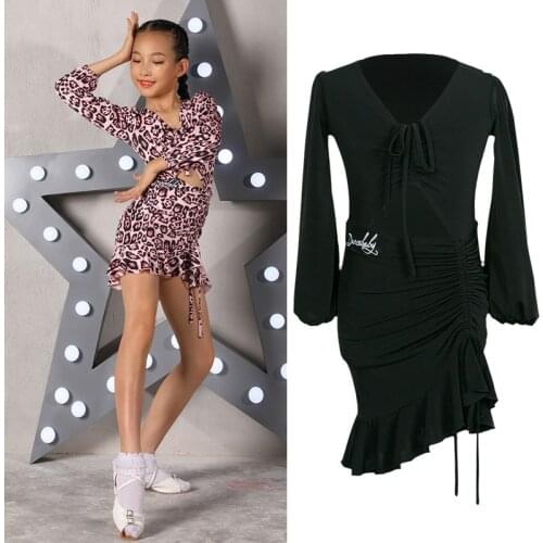 New Kids Latin Dresses For Girls Long Sleeves Dance Clothes Pink Leopad/Black Dress V-Neck Performance Dance Wear Practice Dress