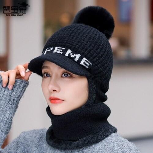 Autumn and winter knitted hat womens outdoor cycling warm wool hat womens Plush thickened windproof hat