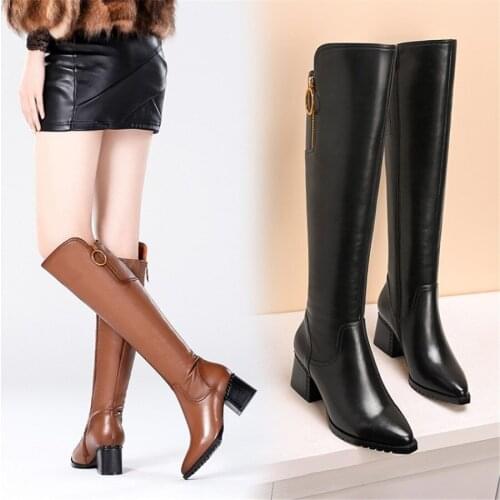 Pointed Thick High Heel Side Zipper Cow Leather Thick Heel Boots Rubber Winter Womens Boots Shoes High Heels Platform Boots