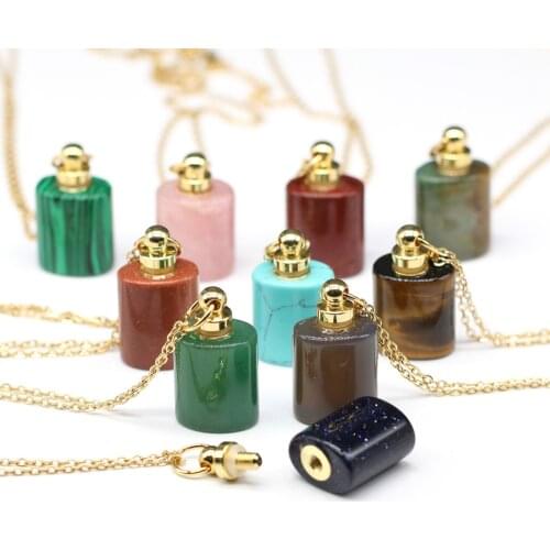 Natural Stone Perfume Bottle Pendants Necklace Rose Quartzs Malachites Essential Oil Diffuser Charms for DIY Jewelry Making